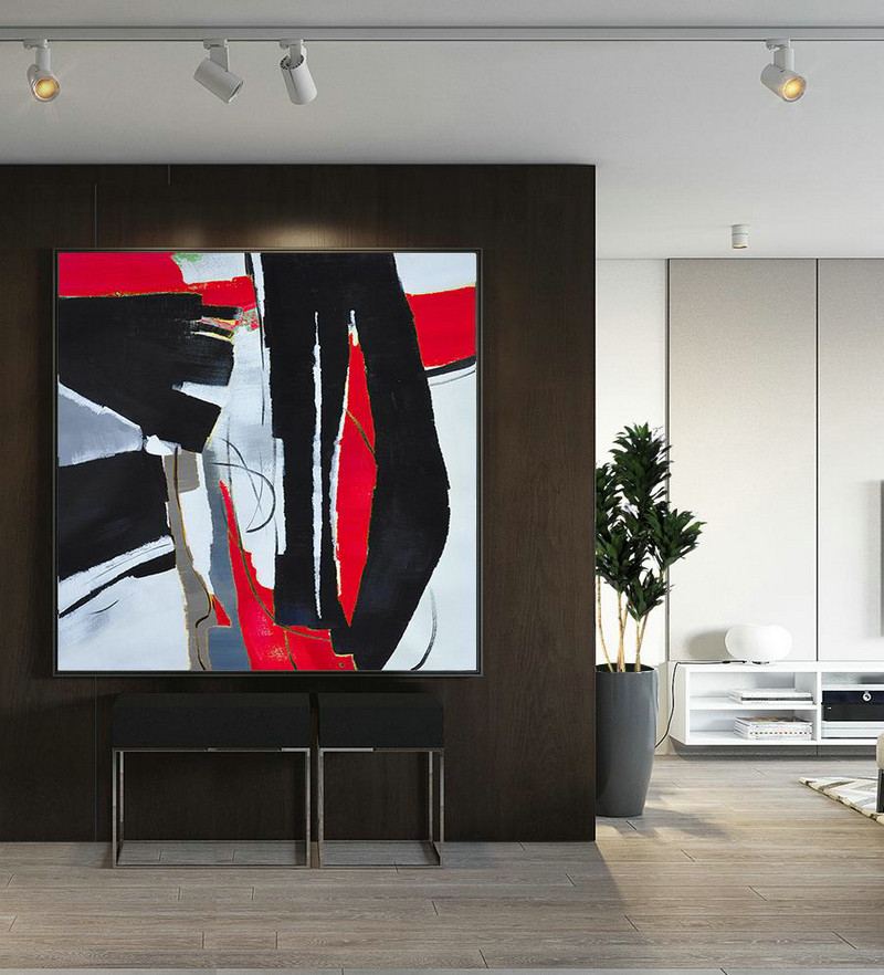 Oversized Red Contemporary Painting On Canvas,Unique Canvas Art,Red,Black,White